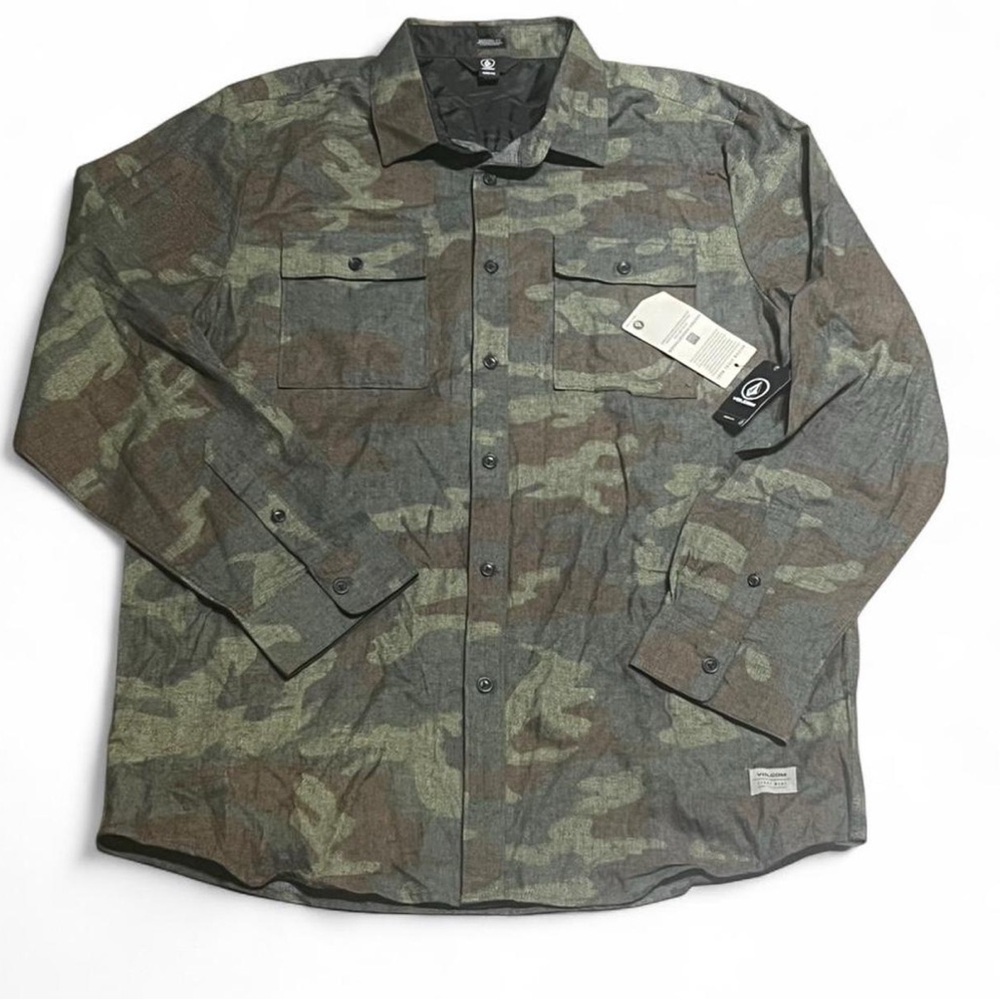 Volcom Men's Camo Button-Down Shirt in Olive & Brown